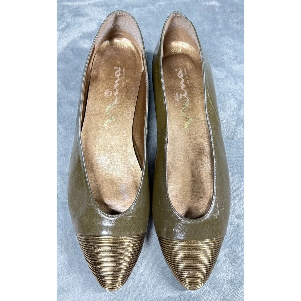 Nina Flats Womens 8.5 N Olive Green Gold Cap Toe Patent Leather Made in Spain